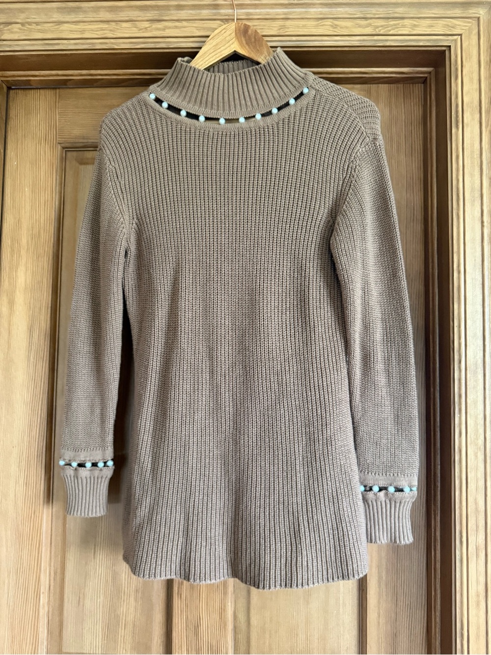 VENUS Taupe Beaded Ribbed Turtleneck Sweater